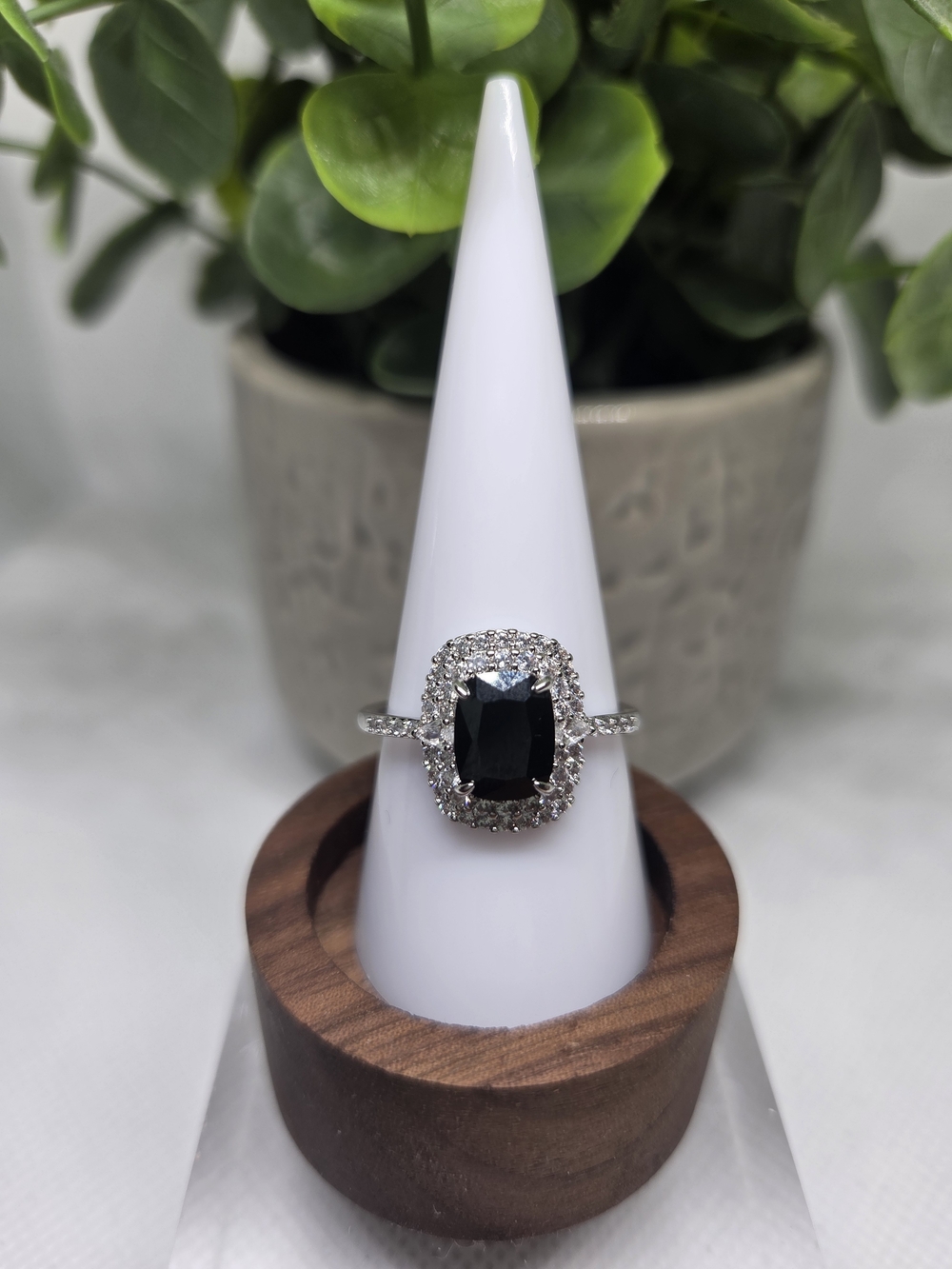 Sterling Silver Black Onyx Halo Ring with Pavé Accent